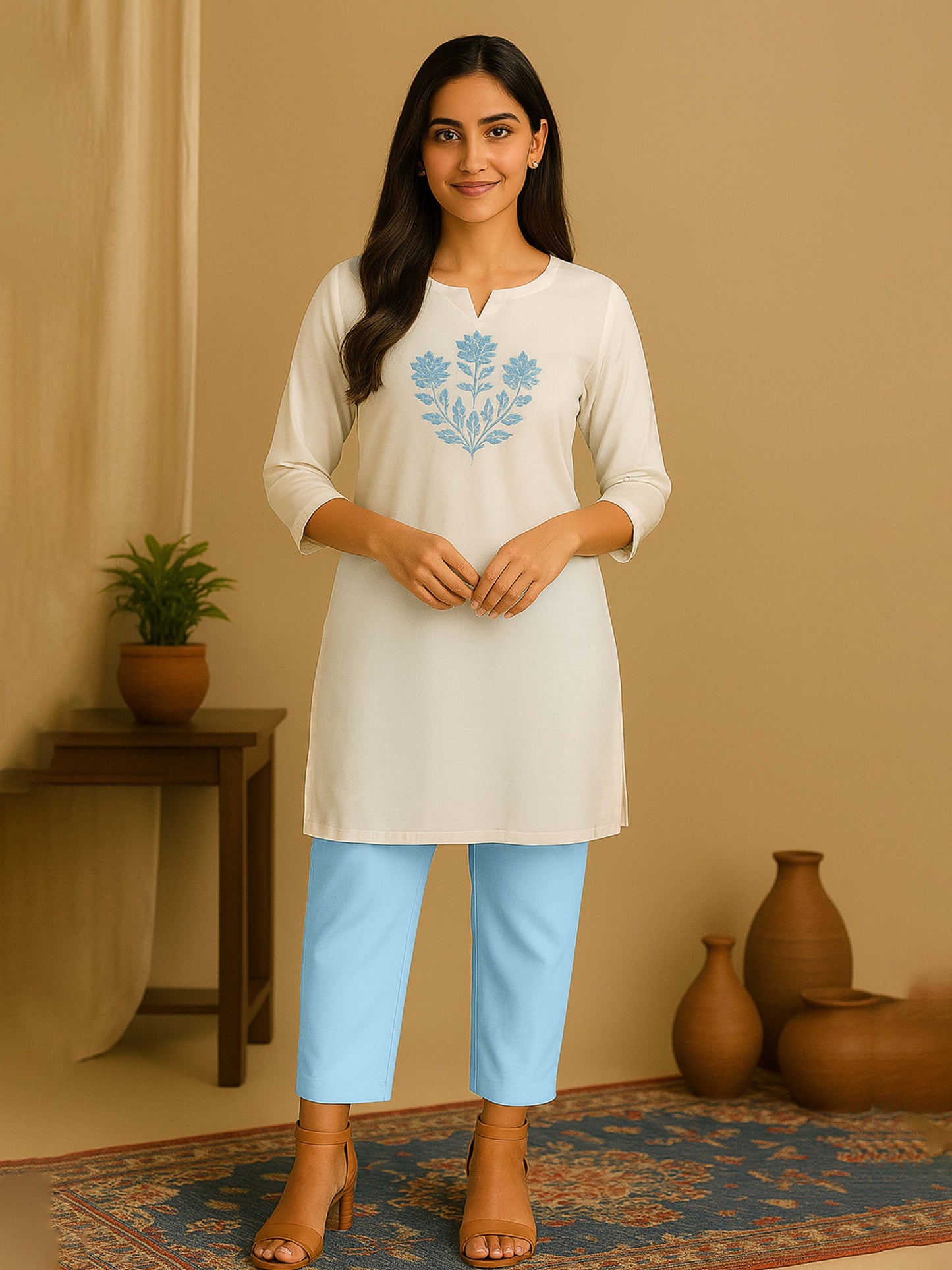 Sky Blue Women's Solid Cotton Lycra Kurti Pant