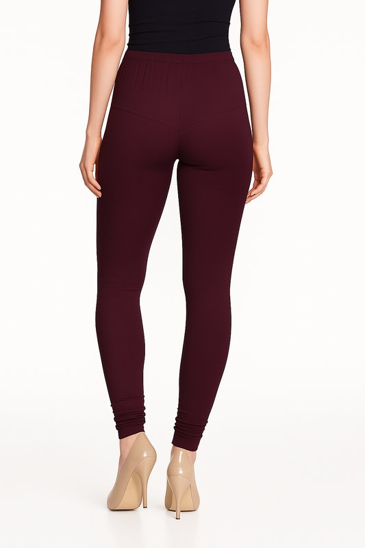 Burgundy Women's Solid Churidar Stretchable Cotton Blend Legging