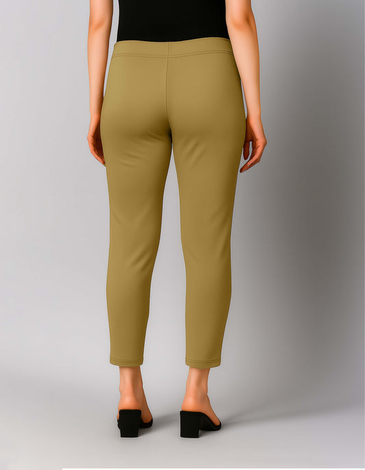 Khaki Women's Cotton Lycra Solid Straight Pant