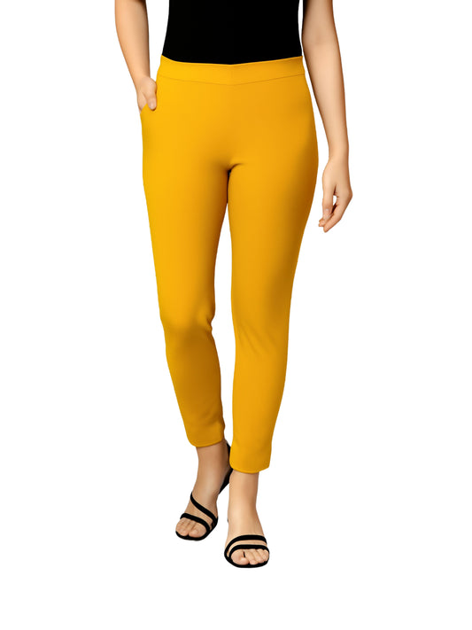 Mustard Women's Cotton Lycra Solid Straight Pant