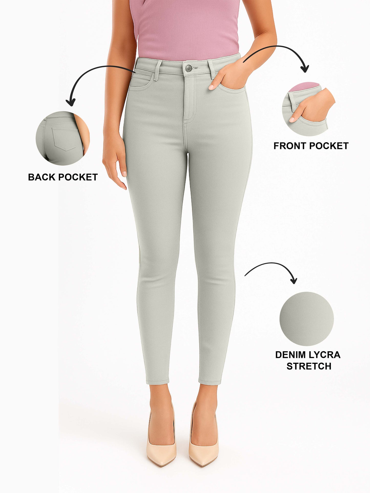 Beige Women's Solid Pants in Overdyed Denim