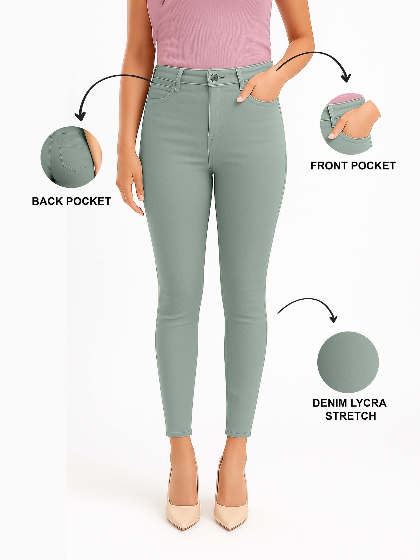 Apple Green Women's Solid Pants in Overdyed Denim