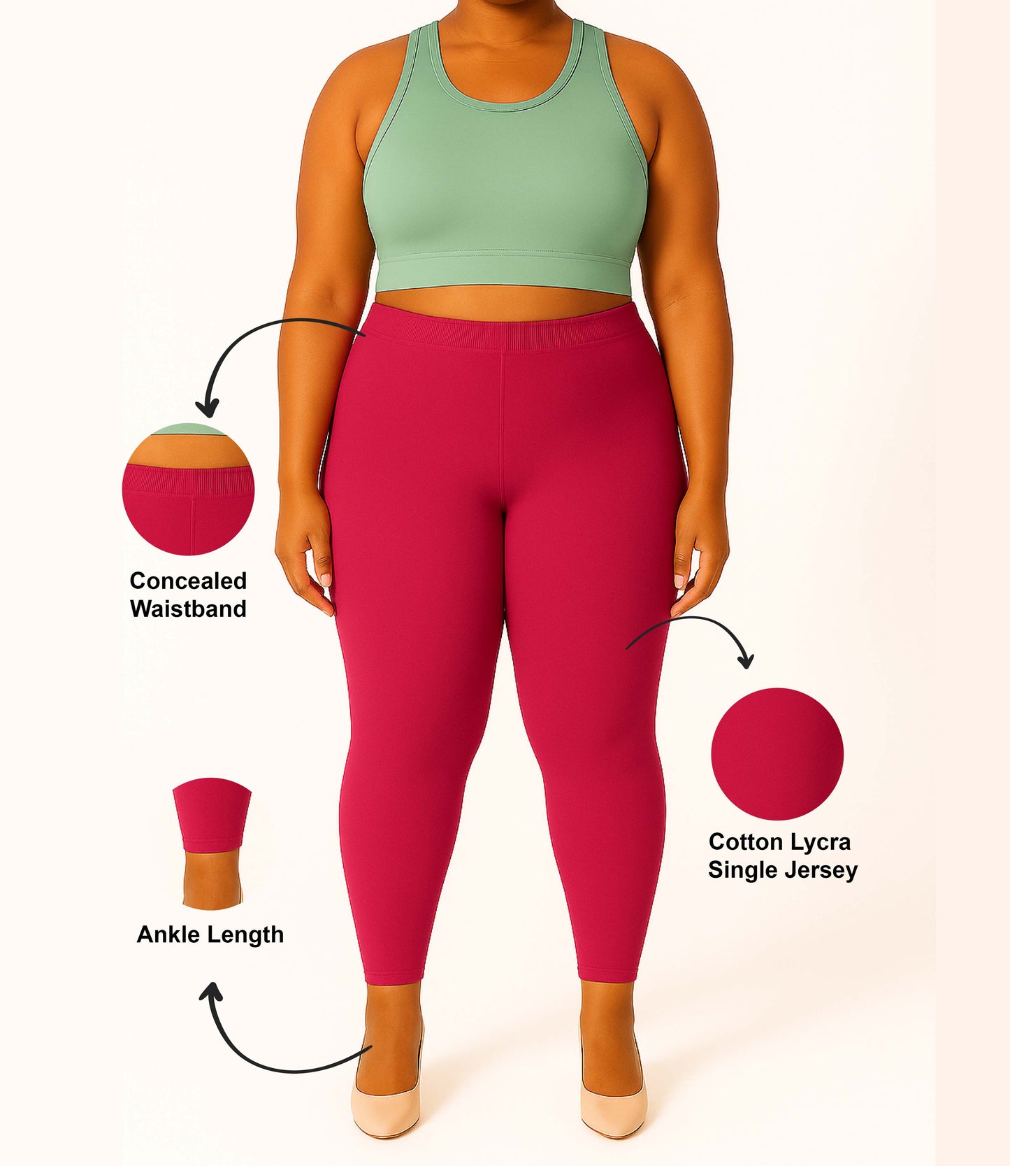Bright Pink Women's Ankle Length Plus Size Stretchable Cotton Lycra Leggings