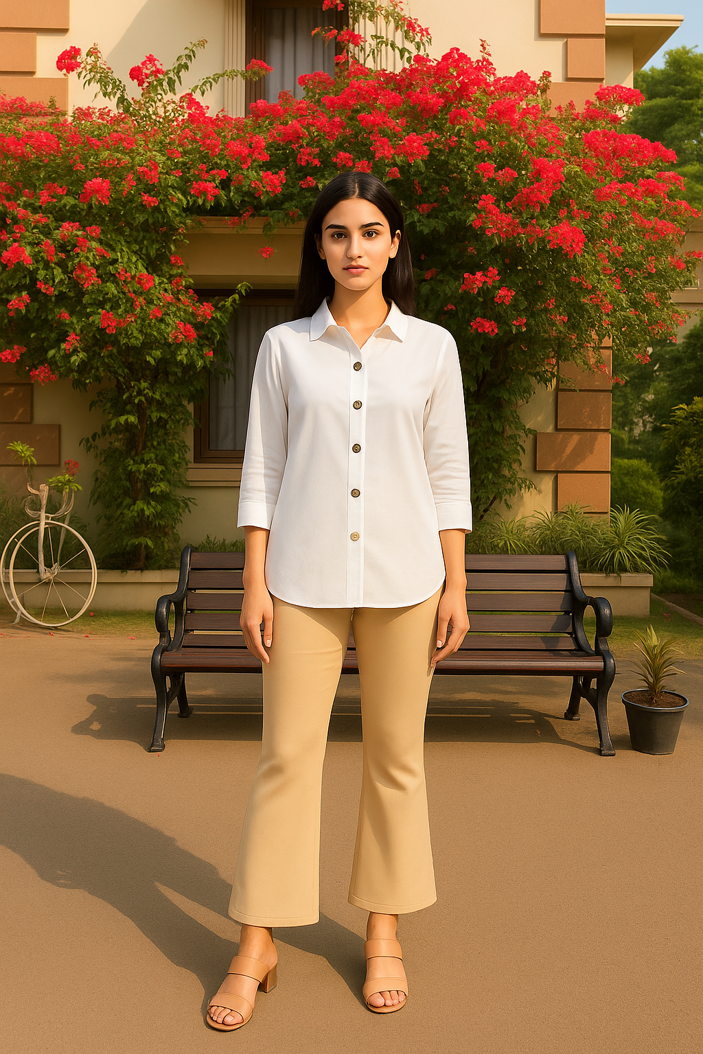 Beige Women's Solid  Bell Bottom Pants`