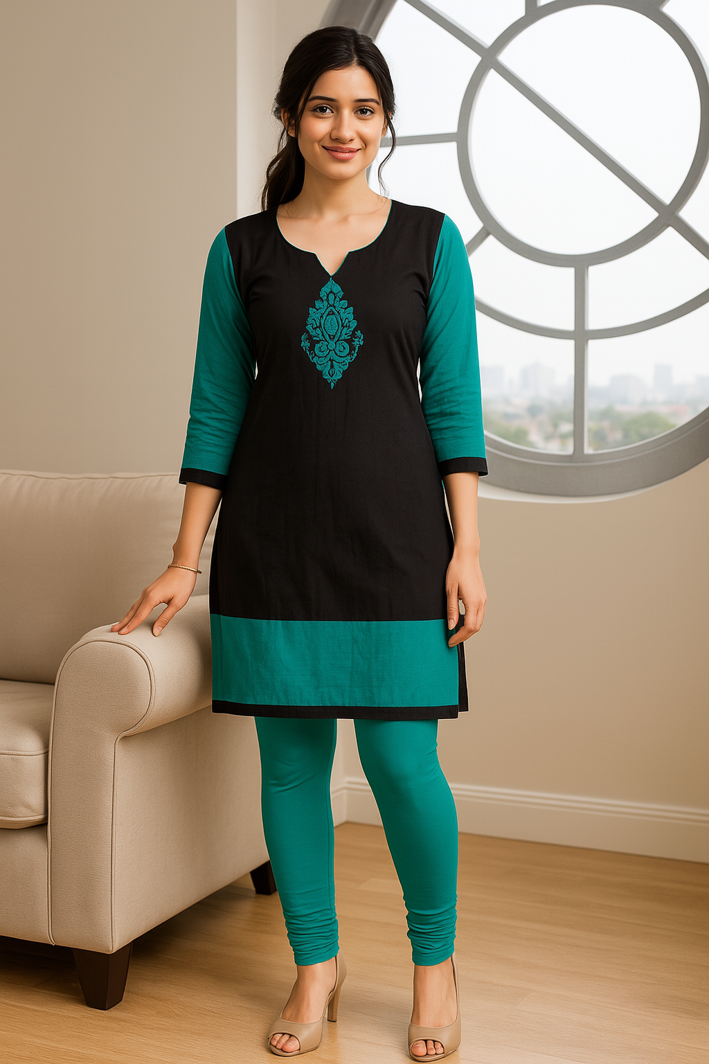 Aqua Green Women's Solid Churidar Stretchable Cotton Blend Legging