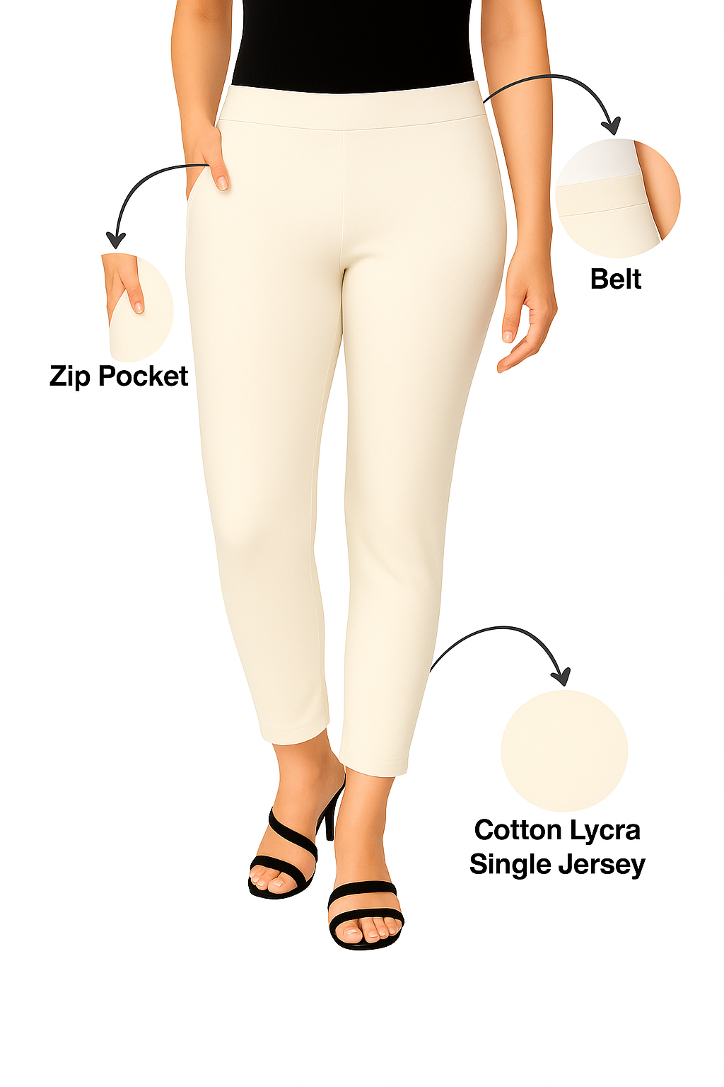 Off White Melange Women's Cotton Lycra Solid Straight Pant