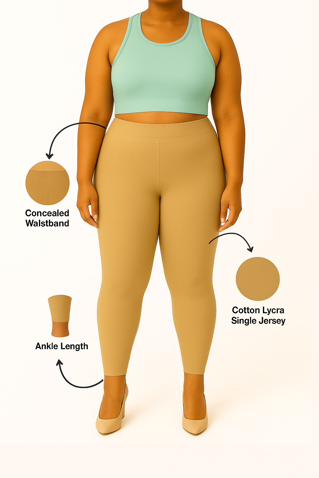 Beige Women's Ankle Length Plus Size Stretchable Cotton Lycra Leggings