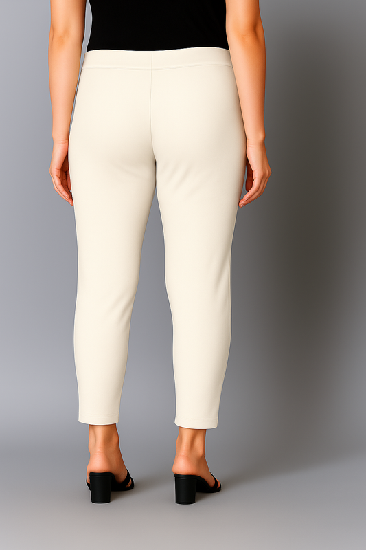 Off White Melange Women's Cotton Lycra Solid Straight Pant