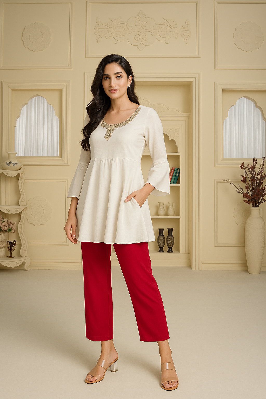 Red Women's Solid Regular Fit Flare Kurti Pant