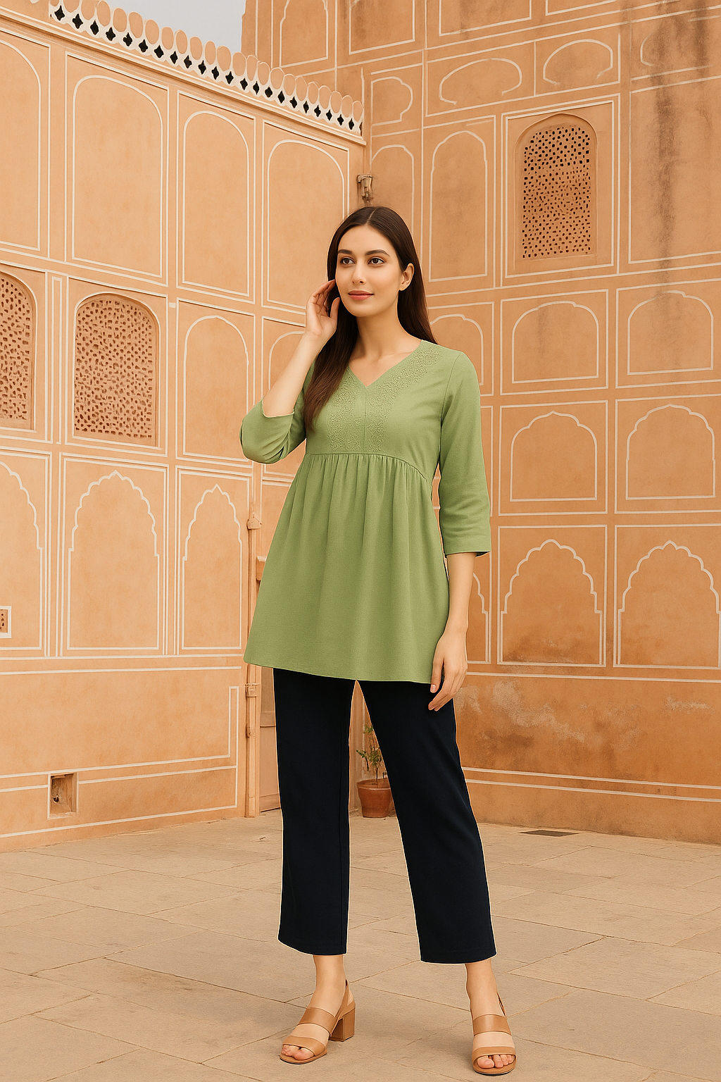 Navy Women's Solid Regular Fit Flare Kurti Pant