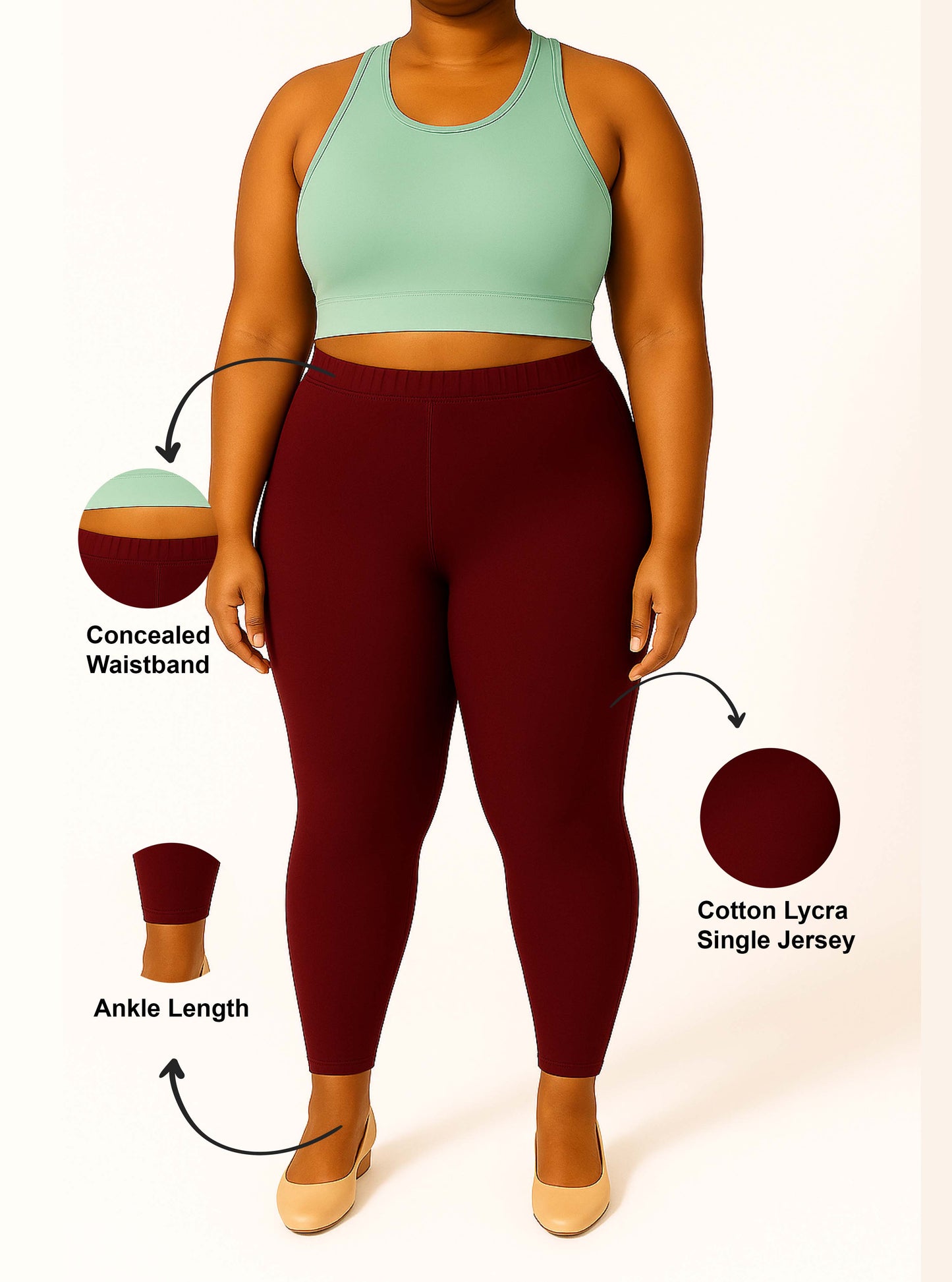 Light Maroon Women's Ankle Length Plus Size Stretchable Cotton Lycra Leggings