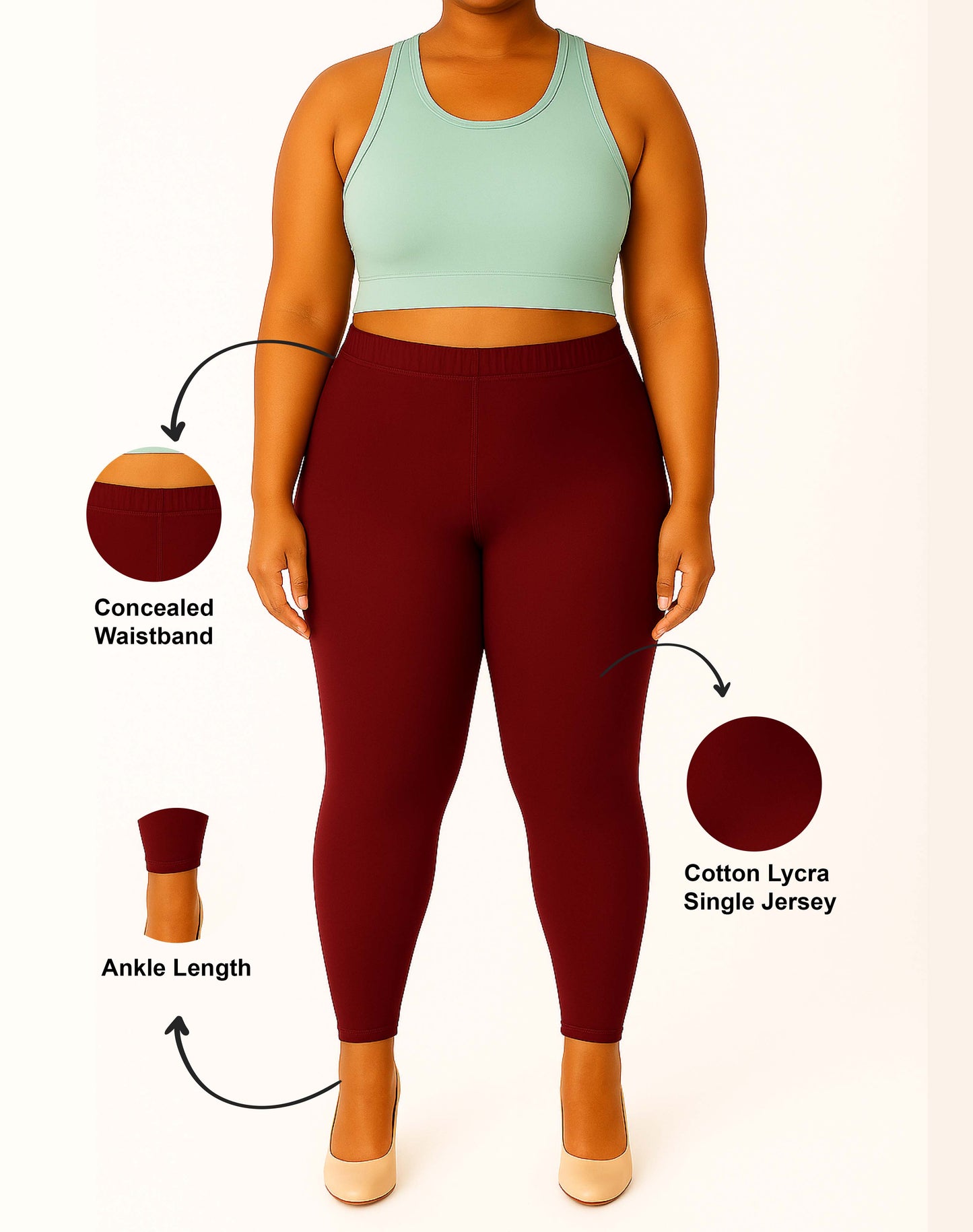 Maroon Women's Ankle Length Plus Size Stretchable Cotton Lycra Leggings