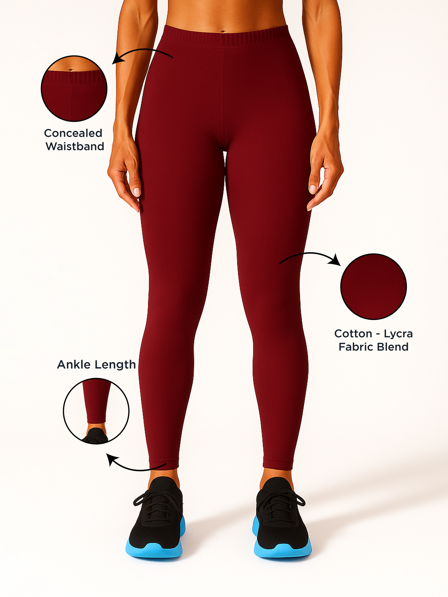 Maroon Women's Ankle Length Stretchable Cotton Lycra Leggings