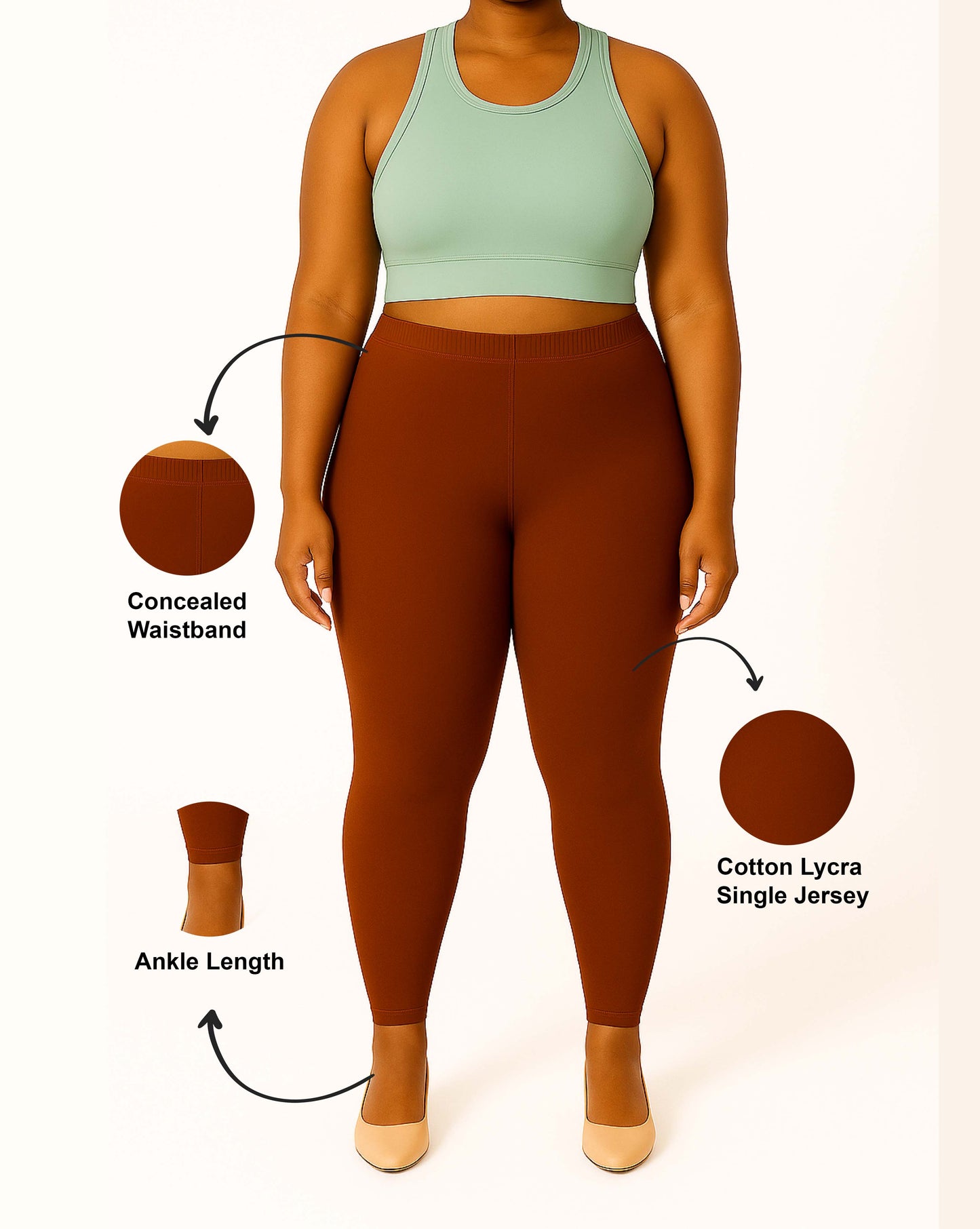 Mid Brown Women's Ankle Length Plus Size Stretchable Cotton Lycra Leggings