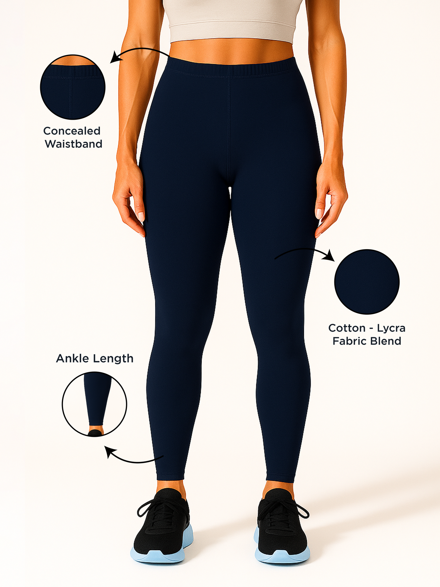 Navy Women's Ankle Length Stretchable Cotton Lycra Leggings