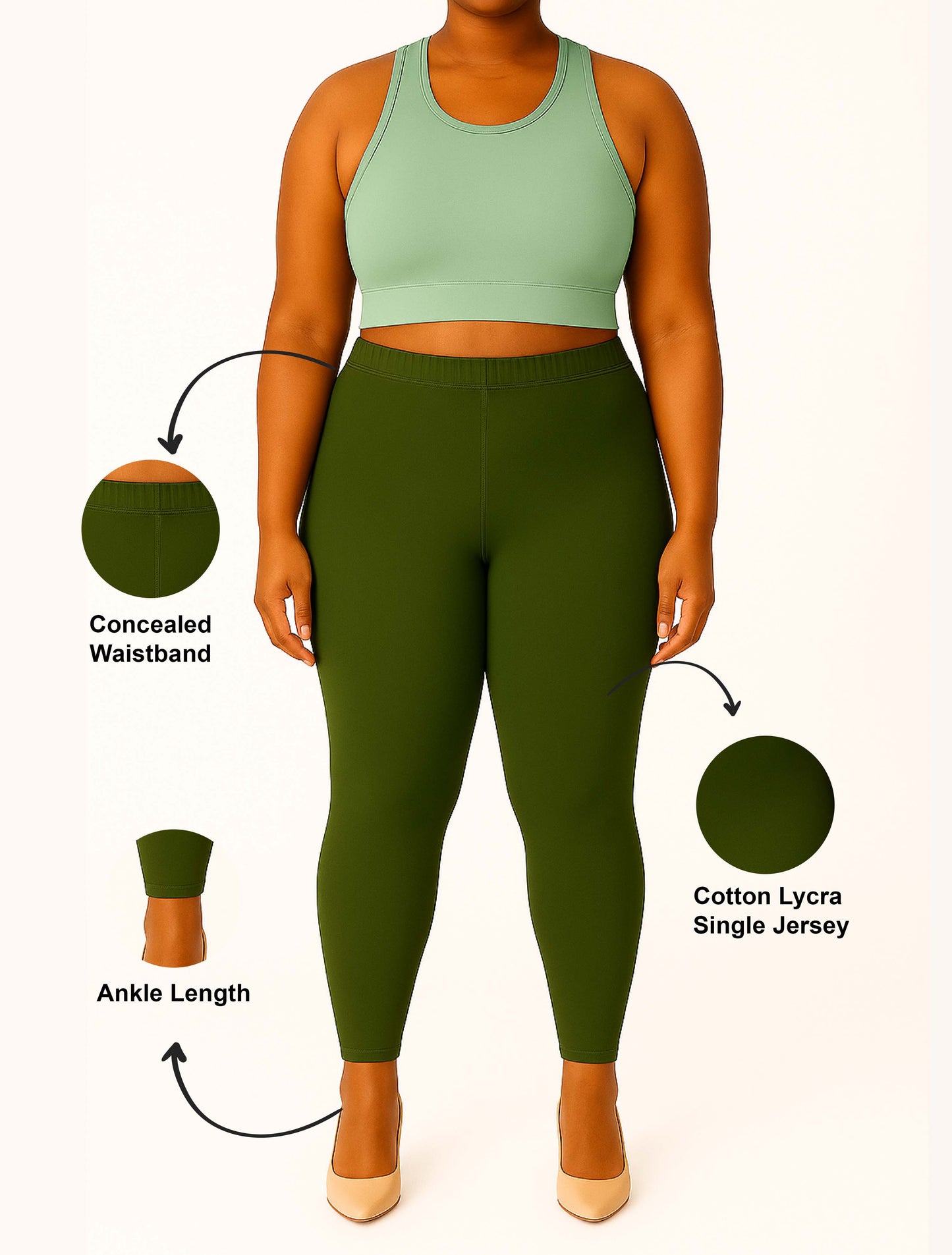 Olive Green Women's Ankle Length Plus Size Stretchable Cotton Lycra Leggings