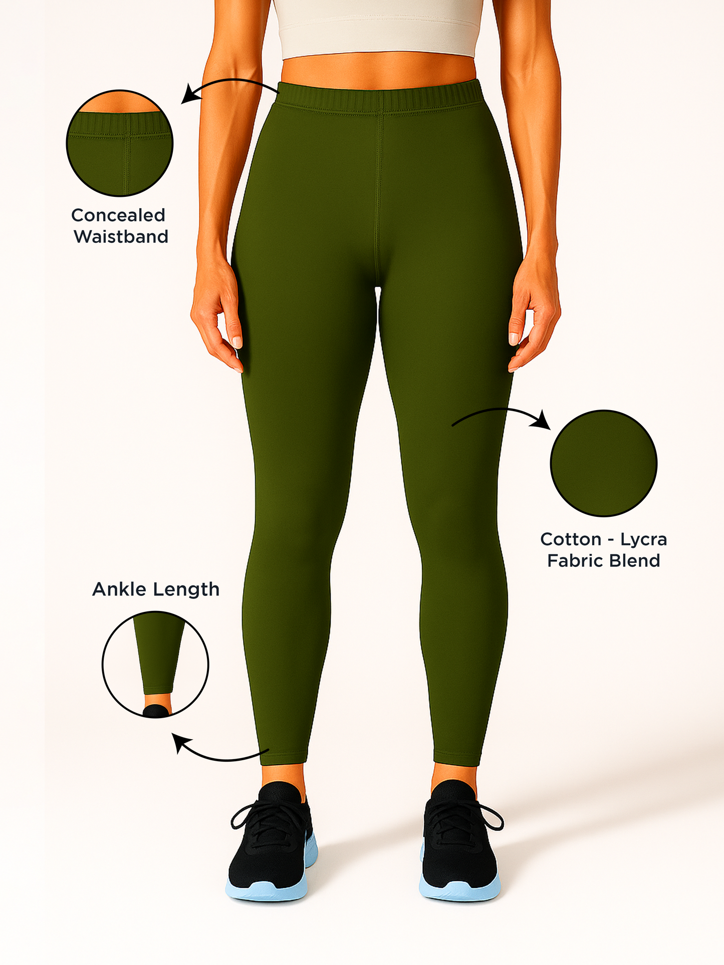Olive Green Women's Ankle Length Stretchable Cotton Lycra Leggings