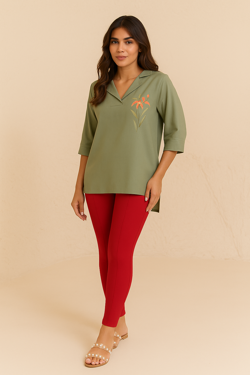 Red Women's Solid Pleated Pant