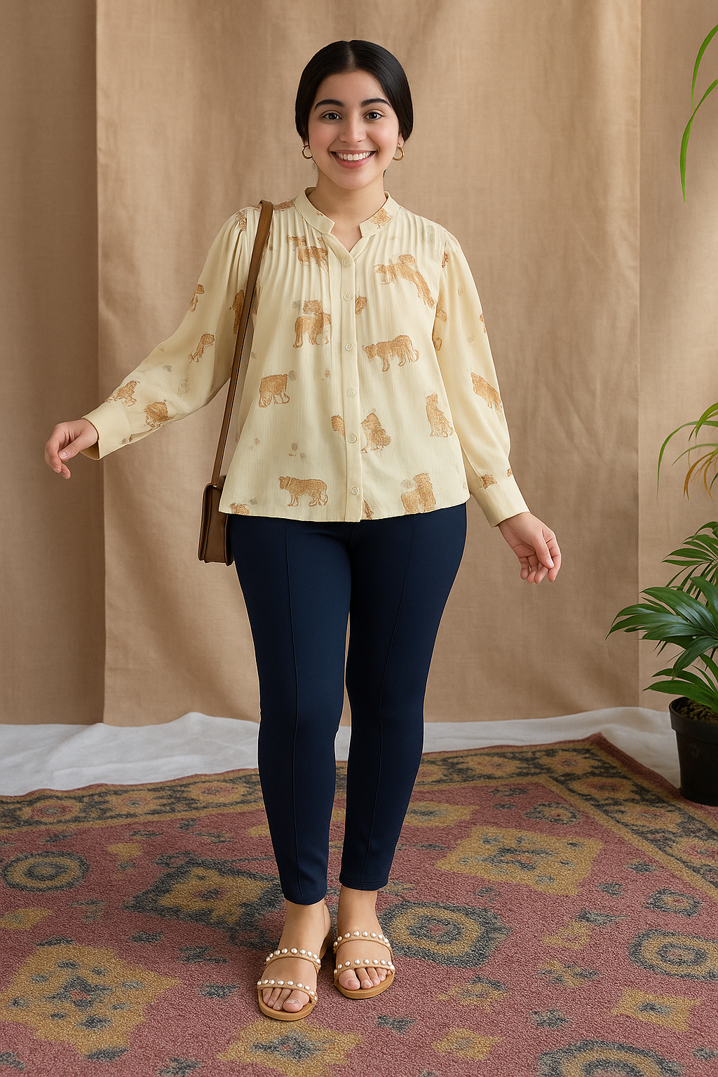 Denim Blue Women's Solid Pleated Pant