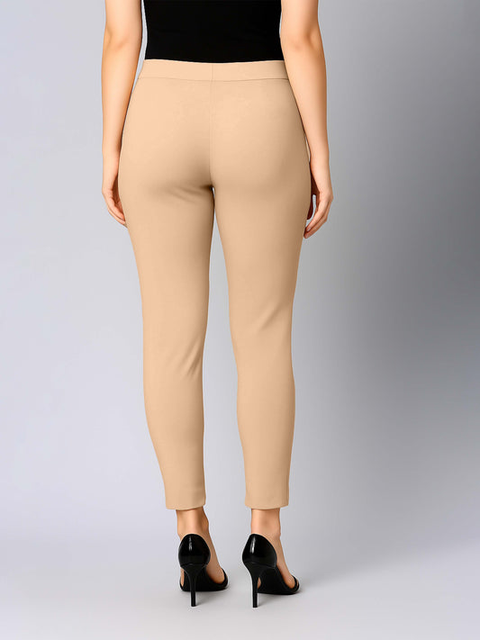 Beige Women's Cotton Lycra Solid Straight Pant