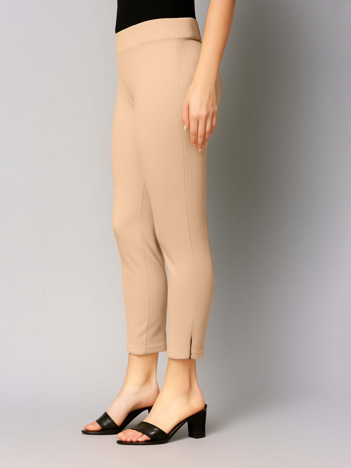 Beige Women's Cotton Lycra Solid Straight Pant