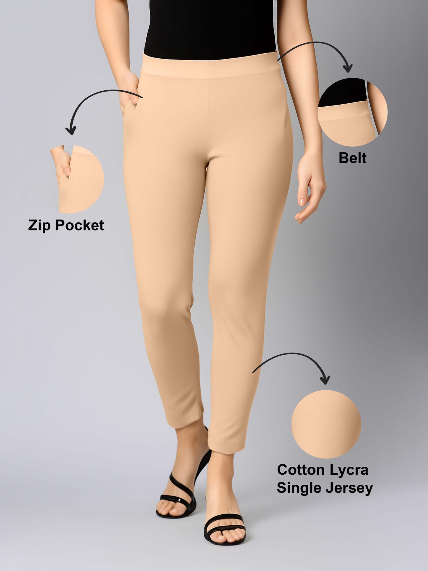 Beige Women's Cotton Lycra Solid Straight Pant