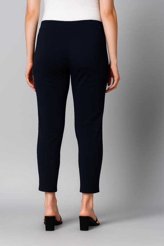 Navy Women's Cotton Lycra Solid Straight Pant