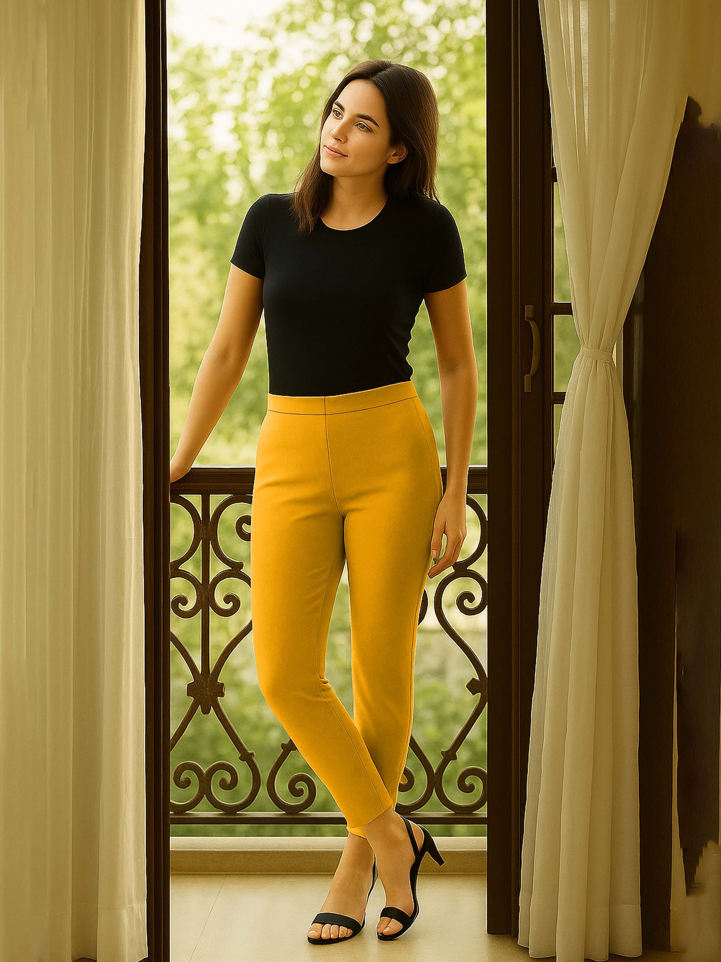 Mustard Women's Cotton Lycra Solid Straight Pant