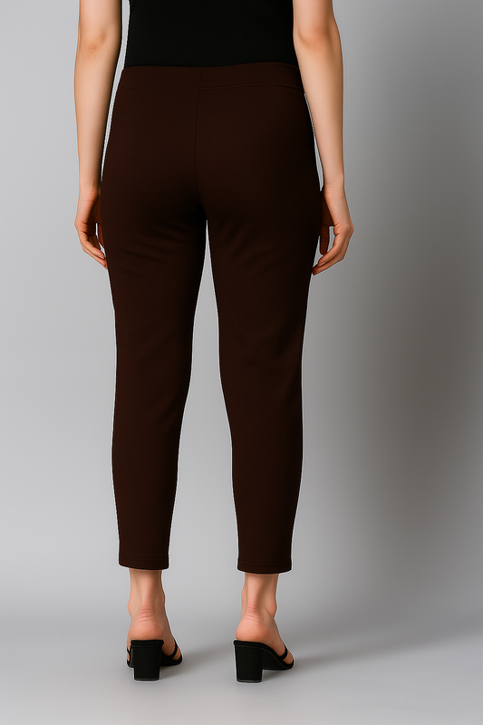Dark Brown Women's Cotton Lycra Solid Straight Pant