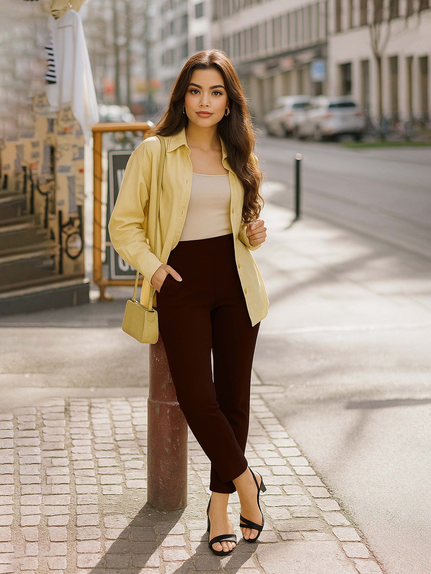Dark Brown Women's Cotton Lycra Solid Straight Pant
