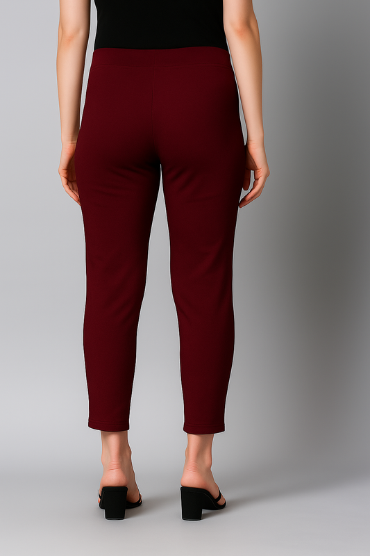 Maroon Women's Cotton Lycra Solid Straight Pant