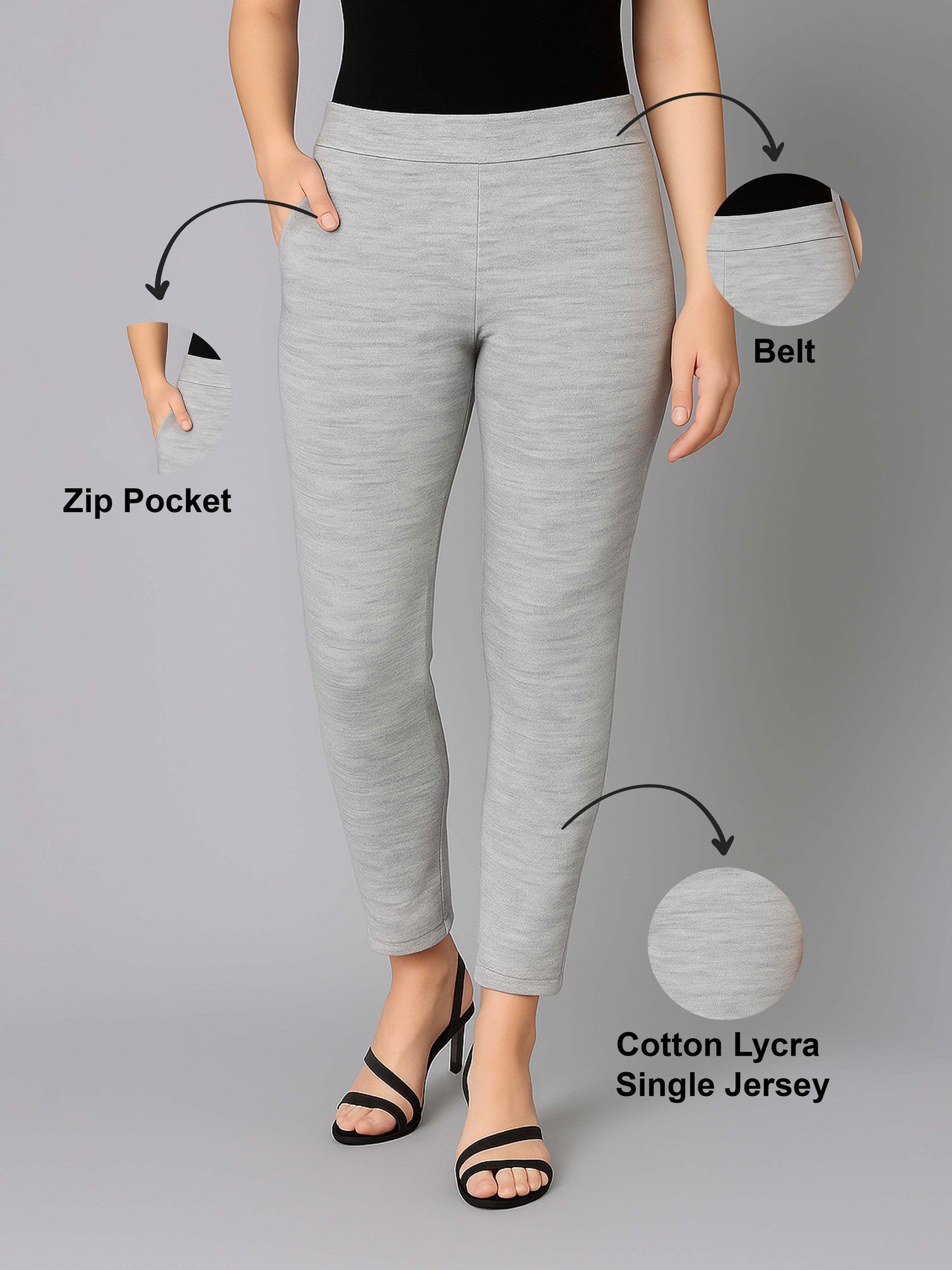 Grey Melange Women's Cotton Lycra Solid Straight Pant