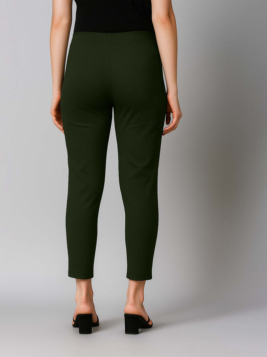 Olive Green Women's Cotton Lycra Solid Straight Pant
