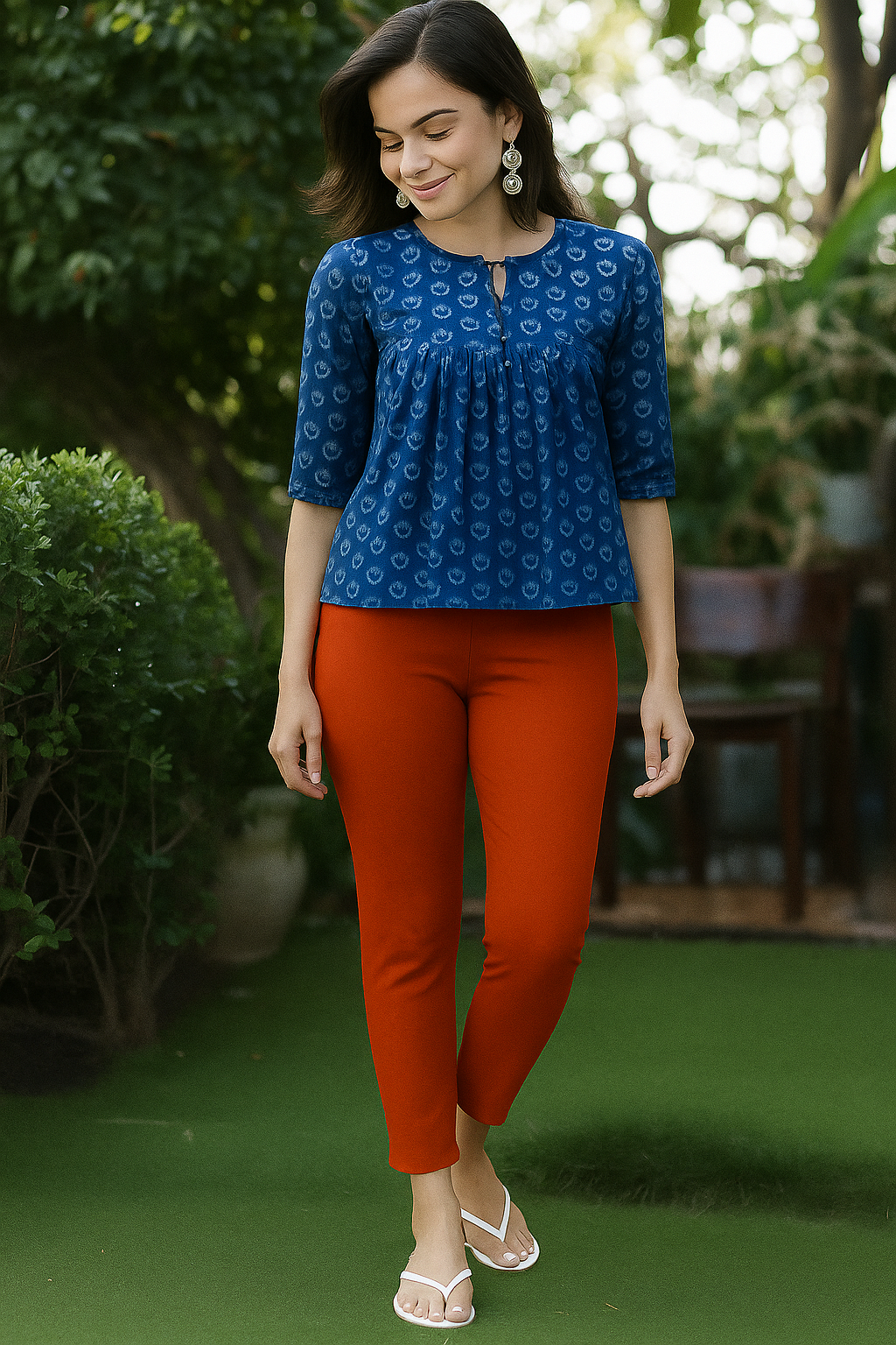Orange Women's Cotton Lycra Solid Straight Pant