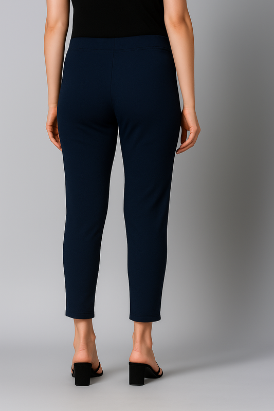 Denim Blue Women's Cotton Lycra Solid Straight Pant