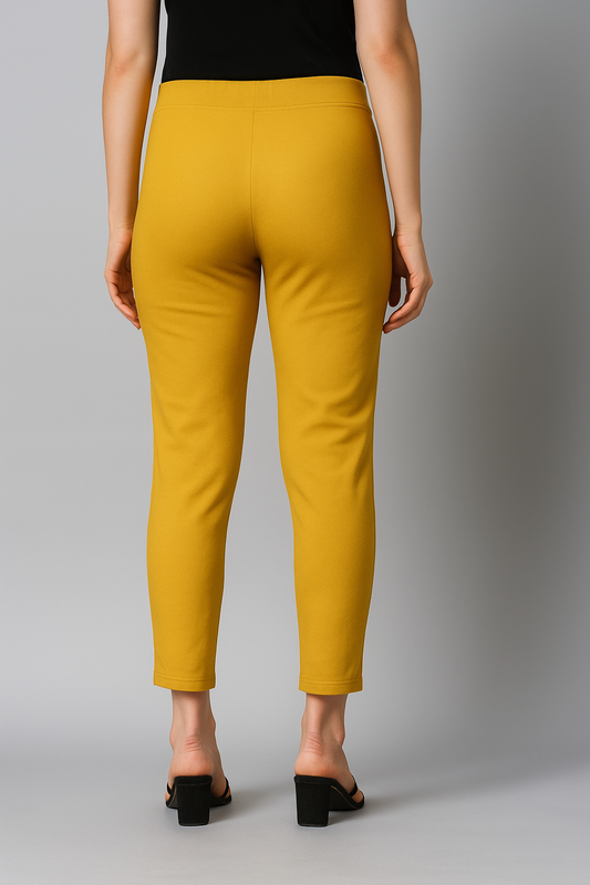 Light Mustard Women's Cotton Lycra Solid Straight Pant