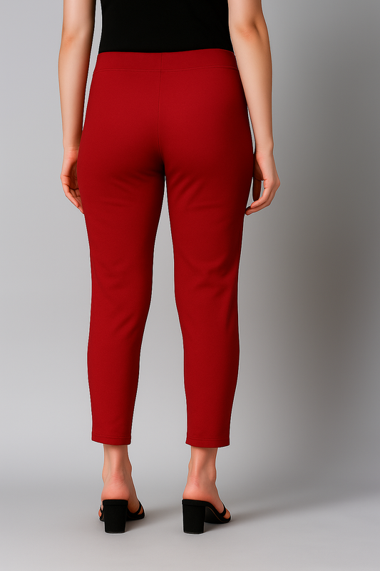 Blood Red Women's Cotton Lycra Solid Straight Pant