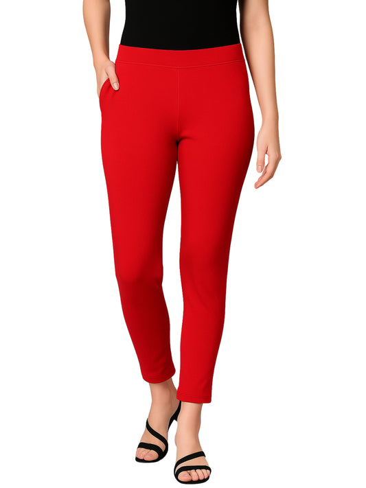 Red Women's Cotton Lycra Solid Straight Pant