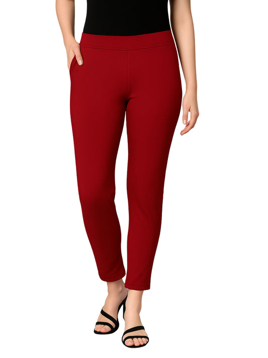 Blood Red Women's Cotton Lycra Solid Straight Pant