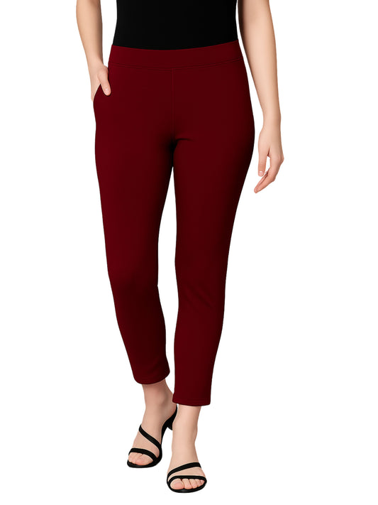 Maroon Women's Cotton Lycra Solid Straight Pant