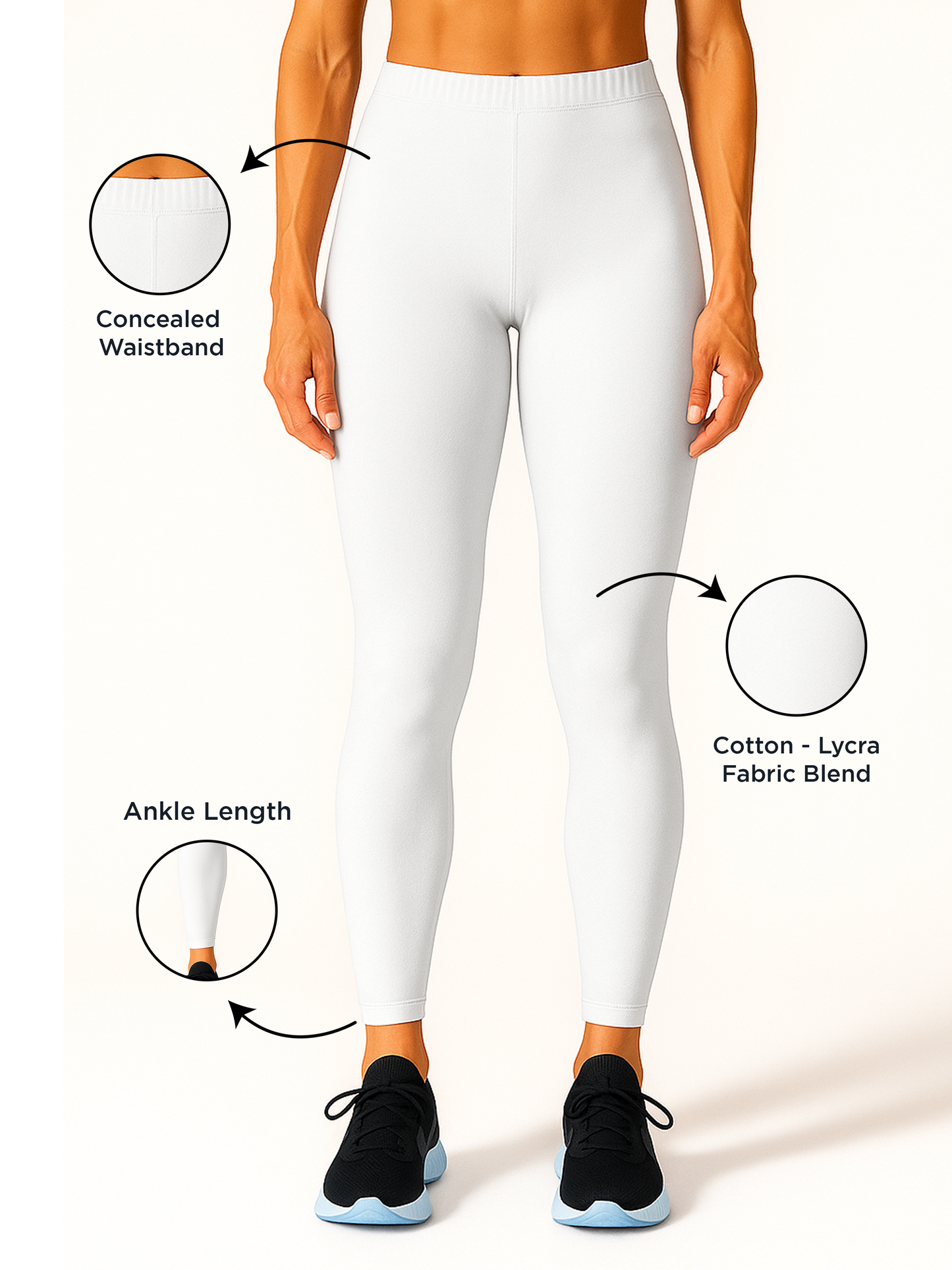 White Women's Ankle Length Stretchable Cotton Lycra Leggings