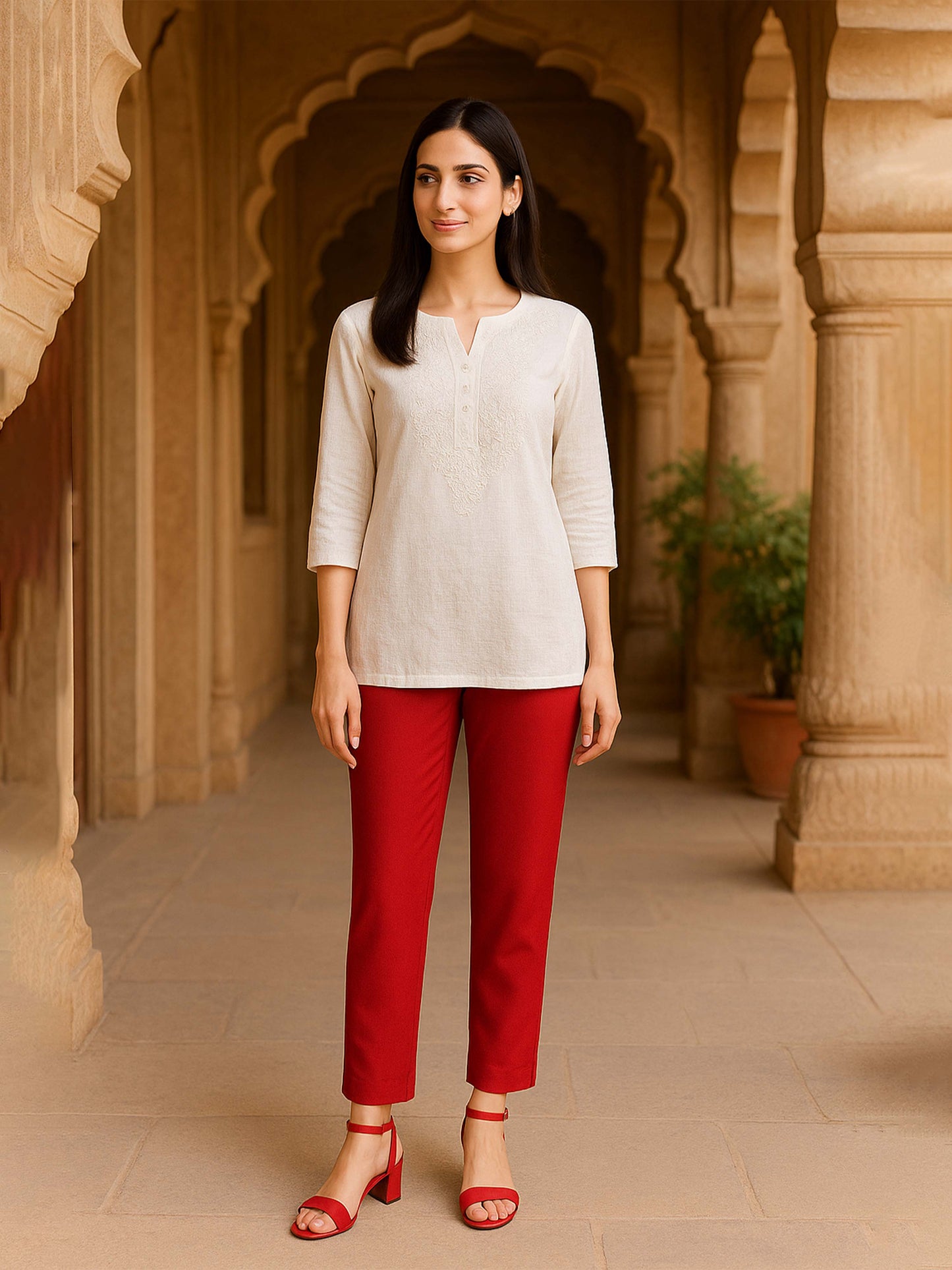Red Women's Solid Cotton Lycra Kurti Pant