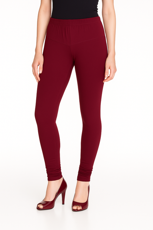 Maroon Women's Solid Churidar Stretchable Cotton Blend Legging
