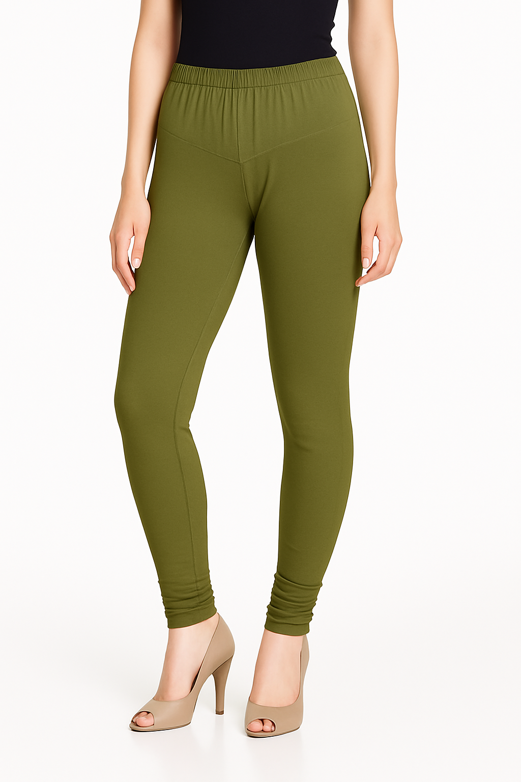 Olive Green Women's Solid Churidar Stretchable Cotton Blend Legging