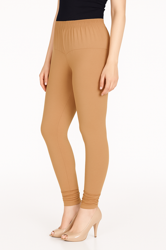 Tan Women's Solid Churidar Stretchable Cotton Blend Legging