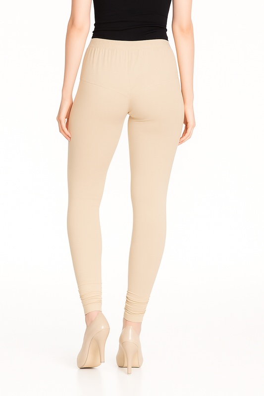 Beige Women's Solid Churidar Stretchable Cotton Blend Legging