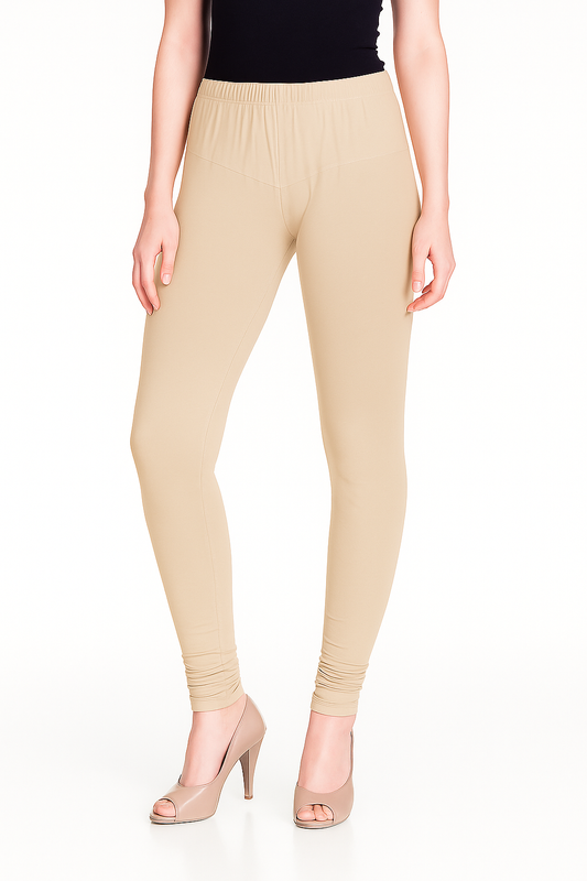 Beige Women's Solid Churidar Stretchable Cotton Blend Legging