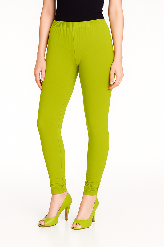 B-Chartreuse Women's Solid Churidar Stretchable Cotton Blend Legging