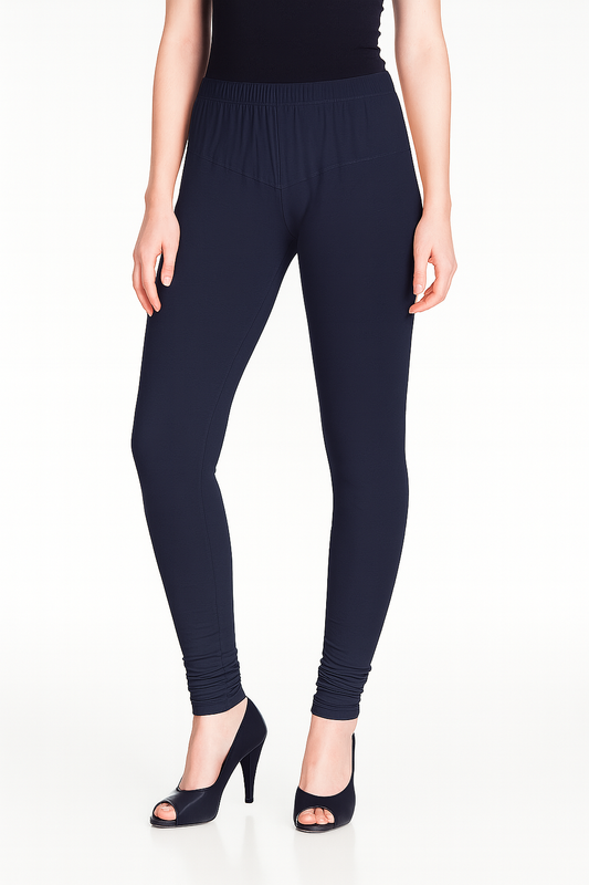 Denim Blue Women's Solid Churidar Stretchable Cotton Blend Legging