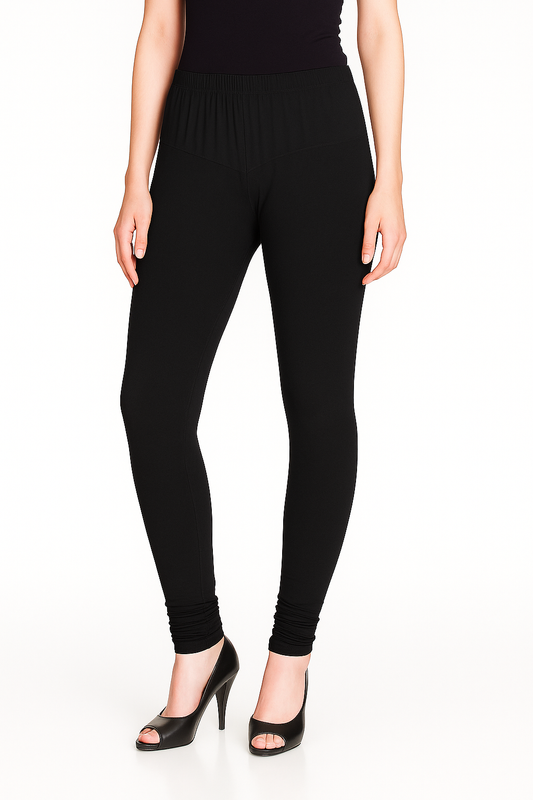 Black Women's Solid Churidar Stretchable Cotton Blend Legging
